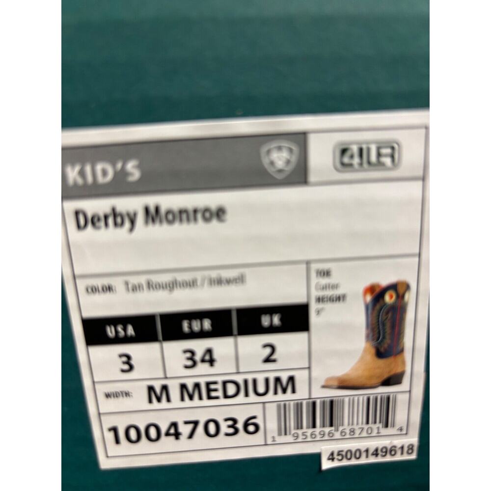 Ariat Derby Monroe Kids Size 3 M Tan Roughout / Inkwell Buckaroo Cowboy Boots - Picture 9 of 9